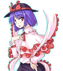 Rule 34 | 1girl, :o, a utopia, black skirt, blush, capelet, female focus, from side, hat, hirase yuu, looking at viewer, looking to the side, nagae iku, oekaki, parted lips, purple hair, red eyes, shawl, simple background, skirt, solo, touhou, white background