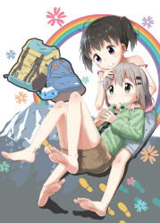 Rule 34 | 10s, 2girls, ashida ichirou, backpack, bag, bare shoulders, barefoot, black hair, blue shorts, blush, brown hair, camisole, closed mouth, feet, footprints, green eyes, green jacket, hair ornament, hairclip, hand on another&#039;s head, jacket, kuraue hinata, long sleeves, lying, mountain, multiple girls, on back, open clothes, open jacket, parted lips, purple eyes, rainbow, short hair, short twintails, shorts, silhouette, sitting, smile, soles, steepled fingers, strap slip, toes, twintails, yama no susume, yukimura aoi