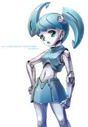 Rule 34 | blue eyes, jenny wakeman, mecha musume, my life as a teenage robot, simple background, skirt, twintails, white background