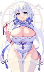 Rule 34 | 1girl, :d, ahoge, azur lane, blue eyes, blush, breasts, china dress, chinese clothes, cleavage, cleavage cutout, clothing cutout, commentary, cowboy shot, curvy, dress, flower, folding fan, garter straps, hair flower, hair ornament, hand fan, highres, holding, holding fan, illustrious (azur lane), illustrious (maiden lily&#039;s radiance) (azur lane), large breasts, long hair, looking at viewer, official alternate costume, open mouth, pelvic curtain, piao mao, pixel art, plump, simple background, smile, solo, tassel, thighhighs, thighs, twintails, white background, white dress, white hair, white thighhighs