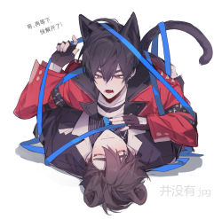 Rule 34 | 2boys, animal ears, bear boy, bear ears, black gloves, black hair, black jacket, black shirt, blazer, blue necktie, blue ribbon, blush, bound, brown hair, buried stars, cat boy, cat ears, cat tail, chinese commentary, chinese text, closed eyes, closed mouth, commentary request, cross, fangs, fingerless gloves, gloves, han do-yoon, highres, jacket, lee gyu-hyuk, long sleeves, looking at another, lying, lying on person, male focus, mole, mole under eye, multiple boys, necktie, on back, on stomach, open mouth, purple eyes, red jacket, ribbon, shirt, short hair, shoulder spikes, simple background, spikes, striped clothes, striped shirt, sweat, tail, tied up (nonsexual), translated, white background, yaoi, yusa (yusa0751)