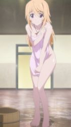 Rule 34 | 10s, 1girl, barefoot, charlotte dunois, covering privates, feet, infinite stratos, long hair, naked towel, nude cover, orange hair, purple eyes, screencap, smile, solo, towel