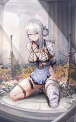 Rule 34 | 1girl, arms behind back, bandaged arm, bandaged leg, bandages, bdsm, bondage, bound, bound arms, bound legs, breasts, closed mouth, commentary, commentary request, commission, english commentary, flower, grey hair, hair between eyes, hair flower, hair ornament, highres, kaine (nier), kneeling, large breasts, lingerie, long hair, looking at viewer, braided hair rings, mixed-language commentary, negligee, nier, nier (series), orange eyes, outdoors, paid reward available, restrained, shibari, single bare shoulder, solo, thigh strap, underwear, white flower, yusha m