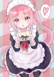 Rule 34 | 1girl, adapted costume, alternate costume, apron, black legwear, blue hair, blush, box, enmaided, frills, full body, gift, gift box, gradient hair, harusame (kancolle), heart, highres, holding, holding box, holding gift, kantai collection, long sleeves, looking at viewer, maid, maid apron, maid headdress, multicolored hair, neckerchief, open mouth, pink eyes, pink hair, red neckerchief, ribbon, side ponytail, skirt, spoken heart, unoi, valentine, waist apron, white apron