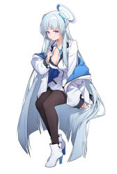 Rule 34 | 1girl, absurdres, blue archive, blue hair, blue necktie, boots, breasts, brown pantyhose, cleavage, closed mouth, coat, collared shirt, full body, halo, high heel boots, high heels, highres, invisible chair, jacket, ken rqll, long hair, long sleeves, looking at viewer, medium breasts, miniskirt, necktie, noa (blue archive), off shoulder, pantyhose, purple eyes, shirt, sitting, skirt, smile, solo, very long hair, white coat, white footwear, white jacket, white shirt, white skirt