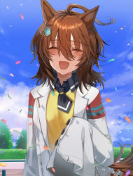 Rule 34 | 1girl, :d, agnes tachyon (umamusume), ahoge, animal ears, black necktie, black shirt, blush, breasts, brown hair, closed eyes, cloud, coat, collared shirt, confetti, day, earrings, facing viewer, hedge, horse ears, jewelry, lab coat, medium breasts, nazuka (mikkamisaki), necktie, open clothes, open coat, open mouth, outdoors, shirt, short necktie, single earring, sleeves past fingers, sleeves past wrists, smile, solo, sweat, sweater, tree, umamusume, upper body, white coat, yellow sweater