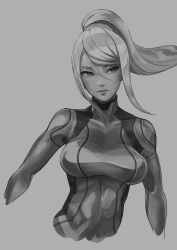 Rule 34 | 1girl, bodysuit, breasts, closed mouth, commentary, cropped arms, cropped torso, fuugetsu (sanmunyudai), grey background, greyscale, hair between eyes, highres, lips, long hair, looking to the side, metroid, monochrome, nintendo, ponytail, samus aran, sidelocks, sideways glance, simple background, skin tight, solo, upper body, zero suit