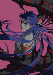 Rule 34 | 1boy, alternate hairstyle, biceps, black gloves, blue hair, bodypaint, claws, closed mouth, commentary, cu chulainn (fate), cu chulainn (fate) (all), cu chulainn (fate/stay night), cu chulainn alter (fate), cu chulainn alter (fate/grand order), dark blue hair, dark persona, earrings, eilinna, elbow gloves, english commentary, facepaint, fate/grand order, fate (series), floating hair, from side, gloves, hair down, jewelry, lancer, long hair, looking at viewer, male focus, monster boy, muscular, muscular male, pectorals, red eyes, simple background, skin tight, slit pupils, solo, spiked hair, spikes, tail, topless male