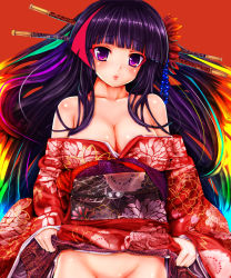 Rule 34 | 1girl, absurdres, bare shoulders, breasts, cleavage, clothes lift, collarbone, floral print, groin, hair ornament, highres, japanese clothes, kimono, kimono lift, large breasts, long hair, looking at viewer, multicolored hair, new year, no panties, obi, off shoulder, open mouth, original, purple eyes, purple hair, rainbow hair, sash, shiny skin, solo, teruru