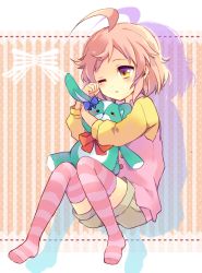 Rule 34 | 10s, 1boy, ;o, ahoge, asahina wataru, bad id, bad pixiv id, blush, brothers conflict, full body, huge ahoge, jacket, male focus, one eye closed, open mouth, pink hair, pink thighhighs, poooka, rabbit, rubbing eyes, short hair, shorts, solo, striped clothes, striped thighhighs, stuffed animal, stuffed rabbit, stuffed toy, thighhighs, trap, yellow eyes