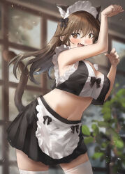 Rule 34 | 1girl, alternate costume, animal ears, apron, ashigara (kancolle), black skirt, blush, breasts, brown eyes, brown hair, cat ears, cat tail, cowboy shot, enmaided, fang, hair between eyes, highres, kantai collection, large breasts, long hair, maid, maid apron, maid headdress, navel, open mouth, skirt, smile, solo, tail, thighhighs, toka (marchlizard), waist apron, white apron, white thighhighs