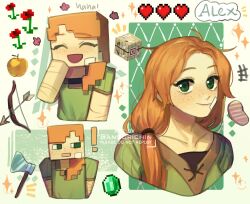 Rule 34 | !, 1girl, :d, ^ ^, alex (minecraft), axe, bow (weapon), closed eyes, closed mouth, collarbone, commentary, cropped torso, english commentary, flower, food, freckles, gem, green eyes, green gemstone, hair over shoulder, hand up, happy, heart, highres, humanization, light blush, light smile, long hair, looking at viewer, looking to the side, messy hair, minecraft, open mouth, orange hair, red flower, smile, steak, teachiialt, upper body, weapon