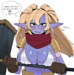 Rule 34 | 1girl, armor, blonde hair, blue skin, blush, breasts, cleavage, colored skin, english text, gloves, league of legends, long hair, navel, ohasi, pointy ears, poppy (league of legends), purple hair, scarf, shoulder armor, solo, twintails, war hammer, weapon, yordle