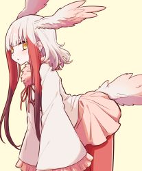 Rule 34 | 1girl, blunt bangs, brown hair, commentary, feathered wings, frilled sleeves, frills, head wings, highres, japanese crested ibis (kemono friends), kemono friends, leaning forward, long hair, long sleeves, miniskirt, multicolored hair, pantyhose, petit ramune, pink skirt, red hair, red pantyhose, shirt, sidelocks, simple background, skirt, sleeves past wrists, solo, tail, white hair, white shirt, wide sleeves, wings, yellow eyes