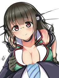 Rule 34 | 10s, 1girl, bad id, bad pixiv id, bare shoulders, black hair, blue necktie, blunt bangs, blush, breast press, breasts, brown hair, choker, choukai (kancolle), cleavage, closed eyes, collarbone, ears visible through hair, formal, glasses, gloves, green gloves, hand on own chest, hand up, headgear, height difference, highres, kantai collection, large breasts, long hair, long sleeves, looking at viewer, looking up, necktie, out of frame, pink eyes, pov, red eyes, rimless eyewear, shirt, signature, simple background, smile, solo focus, striped necktie, striped neckwear, suit, tatusinomu, white background, white shirt