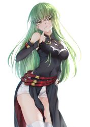 Rule 34 | 1girl, absurdres, belt, black dress, boots, breasts, budgiepon, c.c., code geass, commentary request, detached sleeves, dress, finger to mouth, gold trim, green hair, highres, index finger raised, long hair, looking at viewer, medium breasts, multiple belts, red belt, short shorts, shorts, shushing, simple background, solo, thigh boots, very long hair, white background, white shorts, yellow eyes