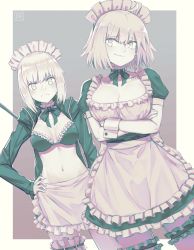 Rule 34 | 2girls, ahoge, apron, artoria pendragon (all), artoria pendragon (fate), bikini, border, bow, bowtie, breasts, bridal garter, cowboy shot, crossed arms, detached collar, fate/grand order, fate (series), frown, fumato, green eyes, green hair, grey background, hair between eyes, hand on own hip, highres, jeanne d&#039;arc (fate), jeanne d&#039;arc alter (avenger) (fate), jeanne d&#039;arc alter (fate), long sleeves, looking at viewer, maid, maid apron, maid bikini, maid headdress, medium breasts, multiple girls, navel, saber alter, short hair, short sleeves, simple background, smirk, swimsuit, thigh strap, two-tone background, unconventional maid, watermark, white border, wrist cuffs
