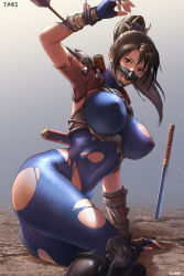 Rule 34 | 1girl, absurdres, alternate costume, armor, artist name, ass, black eyes, black hair, blue bodysuit, bodysuit, breasts, brown eyes, brown hair, bulge, commentary, covered erect nipples, dirt, erection, erection under clothes, fingerless gloves, gloves, highres, impossible bodysuit, impossible clothes, large breasts, long hair, looking at viewer, mask, navel, ninja, official alternate costume, on floor, on ground, ponytail, scabbard, sheath, short sword, simple background, sitting, skin tight, solo, soul calibur, soulcalibur, soulcalibur vi, sword, taki (soulcalibur), thighs, tomo eokaiteru, torn clothes, weapon, whip sword