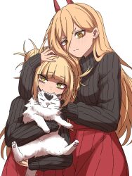 Rule 34 | 2girls, animal, black sweater, blonde hair, blunt bangs, boku no hero academia, breasts, cat, chainsaw man, closed mouth, covered mouth, cross-shaped pupils, crossover, demon horns, fangs, ginjaeru, hair between eyes, hand on another&#039;s head, height difference, highres, holding, holding animal, holding cat, horns, long hair, long sleeves, looking at viewer, matching outfits, medium breasts, multiple girls, pleated skirt, power (chainsaw man), red horns, red skirt, ribbed sweater, simple background, skin fangs, skirt, sweater, symbol-shaped pupils, toga himiko, turtleneck, turtleneck sweater, upper body, white background, yellow eyes
