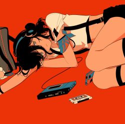 Rule 34 | 1girl, bandana around arm, black choker, black hair, cassette player, cassette tape, chainsaw man, choker, crop top, hair bun, headset, highres, looking to the side, lying, null024, on side, red background, reze (chainsaw man), shirt, short hair, shorts, simple background, single hair bun, solo, suspender shorts, suspenders, white shirt