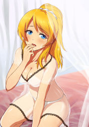 Rule 34 | 10s, 1girl, ayase eli, blonde hair, blue eyes, blush, breasts, cleavage, hand to own mouth, highres, lace, lace trim, lingerie, looking at viewer, love live!, love live! school idol project, medium breasts, negligee, panties, ponytail, see-through, shiny skin, skindentation, solo, suggestive fluid, umihal, underwear, white panties