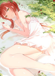 Rule 34 | 1girl, absurdres, bare arms, bare shoulders, barefoot, berry, blurry, blurry background, blurry foreground, blush, brown eyes, brown hair, closed mouth, commentary, depth of field, dress, english text, feet out of frame, food, highres, holding, holding food, kura ekaki, long hair, looking at viewer, lying, on side, original, shallow water, sidelocks, sleeveless, sleeveless dress, solo, twintails, very long hair, water, water surface, wet, wet clothes, wet dress, white dress