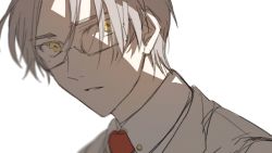 Rule 34 | 1boy, close-up, glasses, highres, koeda (k83 4), looking at viewer, necktie, open mouth, polo shirt, red necktie, shadow, shirt, short hair, simple background, solo, tears of themis, vyn richter (tears of themis), white background, white hair, white shirt, yellow eyes