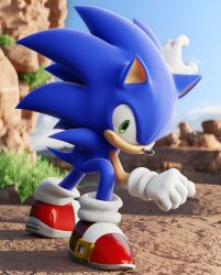 Rule 34 | 1boy, 3d, absurdres, artist request, blender (medium), blue eyes, dragon ball, dragonball z, fighting stance, gloves, highres, jewelry, ladylunanova, looking at viewer, parody, red footwear, ring, simple background, sky, smile, solo, sonic (series), sonic the hedgehog, spiked hair, trait connection, white gloves