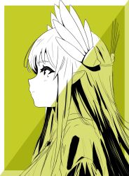 Rule 34 | 1girl, :|, arknights, blush, border, closed mouth, commentary request, derivative work, expressionless, from side, green background, hair ornament, highres, jacket, limited palette, long bangs, long hair, looking ahead, mole, mole under eye, monochrome, muelsyse (arknights), parody, portrait, profile, sidelocks, simple background, solo, sora mame (princess 0sora), straight hair, white border, white jacket, yellow theme