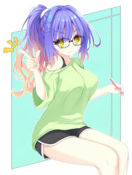 Rule 34 | &gt;:(, 1girl, :t, alternate costume, alternate hairstyle, angry, aqua background, black-framed eyewear, black shorts, blue hair, blue nails, breasts, bububugsan, casual, closed mouth, commentary, cowboy shot, eyelashes, eyes visible through hair, frown, glasses, gradient hair, green shirt, hair between eyes, hair ornament, hairclip, hand up, highres, holding, holding pen, index finger raised, kohibari kurumi, large breasts, light blush, long hair, looking at viewer, multicolored hair, nail polish, notice lines, off shoulder, orange hair, pen, ponytail, pout, shirt, short sleeves, shorts, simple background, sitting, solo, standing, tenshi souzou re-boot!, v-shaped eyebrows, wavy hair, x hair ornament, yellow eyes, yellow nails