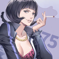 Rule 34 | 1girl, black eyes, black hair, blunt bangs, bob cut, breasts, cigarette, cleavage, commentary request, holding, holding cigarette, jacket, jewelry, light smile, long sleeves, necklace, numbered, one piece, pearl necklace, pink shirt, purple background, shakuyaku (one piece), shirt, smoke, solo, upper body, yoshicha