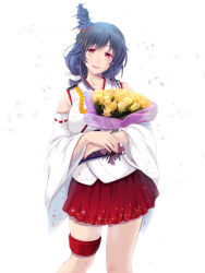 Rule 34 | 1girl, aiguillette, black hair, bouquet, breasts, cowboy shot, detached sleeves, epaulettes, floral print, flower, hair ornament, hakama, hakama short skirt, hakama skirt, highres, holding, holding bouquet, japanese clothes, kantai collection, large breasts, map (blue catty), nontraditional miko, obi, red eyes, red hakama, sash, short hair, skirt, solo, thigh strap, wide sleeves, yamashiro (kancolle), yellow flower