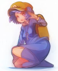 Rule 34 | 1girl, backpack, bad id, bad pixiv id, bag, blue eyes, blue hair, blunt bangs, boots, hair bobbles, hair ornament, hat, kawashiro nitori, ketopon, key, matching hair/eyes, on one knee, open mouth, rubber boots, short hair, short twintails, solo, squatting, touhou, twintails, two side up