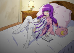 Rule 34 | 1girl, bed, female focus, full body, hat, highres, indoors, long hair, matatabeat, patchouli knowledge, purple eyes, purple hair, solo, thighhighs, touhou