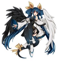 Rule 34 | 1girl, angel wings, asymmetrical wings, bare shoulders, black thighhighs, blue hair, breasts, cohina, detached collar, detached sleeves, dizzy (guilty gear), full body, guilty gear, guilty gear xrd, hair rings, highres, large breasts, mature female, open mouth, red eyes, ribbon, simple background, skindentation, solo, tail, tail ornament, tail ribbon, thick thighs, thigh gap, thigh strap, thighhighs, thighs, twintails, white background, wide sleeves, wings, yellow ribbon