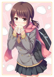 Rule 34 | 1girl, bag, baozi, blazer, blush, brown eyes, brown hair, eating, food, highres, holding, holding food, jacket, charm (object), looking at viewer, low twintails, nakamura sumikage, original, pink background, pleated skirt, polka dot, polka dot background, scarf, school bag, school uniform, skirt, sleeves past wrists, solo, sweatdrop, sweater, twintails