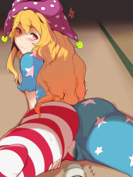 Rule 34 | 1girl, american flag dress, anger vein, ass, blonde hair, blue dress, blush, closed mouth, clownpiece, commentary request, dress, feet out of frame, feet up, from behind, hat, hekiga (freelot), highres, jester cap, long hair, looking at viewer, looking back, lying, on stomach, pantyhose, polka dot, purple hat, pussy juice, red eyes, sex toy, short sleeves, solo, star (symbol), star print, tatami, thighs, touhou, trembling, very long hair, vibrator, wavy hair