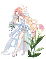Rule 34 | 1girl, :o, ahoge, alternate costume, blonde hair, blue archive, blush, bouquet, bow, breasts, bridal veil, cleavage, detached collar, dress, elbow gloves, fishnet thighhighs, fishnets, flower, full body, glint, gloves, gradient hair, green eyes, hair between eyes, hair bow, halo, hanako (blue archive), high heels, highres, holding, holding bouquet, kokko (kokko3045), large breasts, legs, long hair, looking at viewer, multicolored hair, pink hair, pumps, shoes, simple background, solo, stiletto heels, thighhighs, veil, very long hair, wedding dress, white background, white dress, white footwear, white gloves