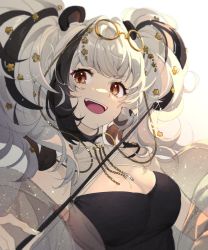 Rule 34 | 1girl, ambience synesthesia, animal ears, arknights, black hair, black shirt, breasts, cleavage, coat, commentary, ershuihe, eyewear on head, feater (arknights), flower, hair flower, hair ornament, highres, long hair, looking at viewer, medium breasts, multicolored hair, official alternate costume, open mouth, orange eyes, panda ears, see-through, shirt, solo, symbol-only commentary, twintails, two-tone hair, upper body, white background, white coat, white hair