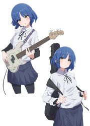 Rule 34 | 1girl, absurdres, bass guitar, black pantyhose, black shirt, blue hair, blue skirt, bocchi the rock!, breasts, cable, closed mouth, collared shirt, eitopondo, fender precision bass, guitar, guitar case, hair ornament, hairclip, highres, holding, holding instrument, instrument, instrument case, long sleeves, looking at viewer, mole, mole under eye, multiple views, neck ribbon, open mouth, pantyhose, pleated skirt, ribbon, shirt, short hair, short sleeves, sidelocks, simple background, skirt, small breasts, white background, white shirt, yamada ryo, yellow eyes