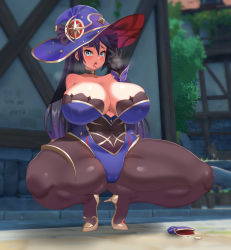 Rule 34 | 1girl, absurdres, alternate breast size, bare shoulders, black gloves, black hair, blush, breasts, cameltoe, choker, city, cleavage, coin purse, covered navel, fellatio gesture, genshin impact, gloves, green eyes, hat, heavy breathing, high heels, highres, hitch (perotoss), huge breasts, leotard, long hair, mona (genshin impact), pantyhose, solo, spread legs, squatting, thick thighs, thighlet, thighs, tongue, tongue out, twintails, very long hair, witch hat