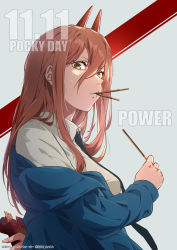 Rule 34 | 1girl, chainsaw man, character name, cross-shaped pupils, crosshair pupils, dated, english text, fang, food, food in mouth, highres, light brown hair, long hair, looking at viewer, looking down, mouth hold, necktie, pocky, pocky day, pocky in mouth, power (chainsaw man), raiz art works, solo, symbol-shaped pupils, upper body