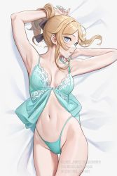 Rule 34 | 1girl, aqua eyes, armpits, arms up, bed sheet, black bow, blonde hair, bow, breasts, camisole, commentary, commission, english commentary, genshin impact, groin, hair bow, highres, jean (genshin impact), lace-trimmed camisole, lace trim, lingerie, long hair, looking at viewer, lu luu99, lying, medium breasts, midriff, nail polish, navel, on back, open mouth, parted bangs, ponytail, see-through camisole, sidelocks, sideways glance, solo, teeth, thigh gap, thighs, toned, turning head, twitter username, underwear, watermark, white background, white camisole