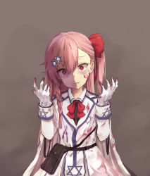 Rule 34 | 1girl, blood, blood in hair, blood on clothes, blood on face, blood on hands, blood splatter, braid, crazy eyes, crazy smile, eyes visible through hair, girls&#039; frontline, hair between eyes, hair ornament, hair ribbon, hands up, head tilt, hexagram, highres, long hair, looking at viewer, military, military uniform, negev (girls&#039; frontline), partially opened mouth, pink hair, pkpkpppk, red eyes, red ribbon, ribbon, side ponytail, simple background, single braid, smile, solo, star of david, uniform