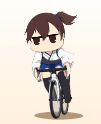 Rule 34 | 1girl, bicycle, black thighhighs, blue hakama, blue scrunchie, blush, brown background, brown eyes, brown footwear, brown hair, commentary, full body, gradient background, hakama, highres, holding, japanese clothes, kaga (kancolle), kantai collection, kimono, long hair, muneate, no mouth, ponytail, riding, riding bicycle, sandals, scrunchie, shadow, side ponytail, skirt, solo, thighhighs, white kimono, yakuto007