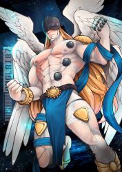 1boy abs angel angel_wings angemon arms_up bara belt blonde_hair bracelet bulge chinese_commentary clenched_hands closed_mouth commentary commentary_request covered_abs covered_pectorals digimon english_commentary foot_out_of_frame highres impossible_clothes jewelry long_hair male_focus mask mixed-language_commentary multiple_wings navel nipples onglai87 pants pectorals shirt solo torn_clothes torn_pants torn_shirt very_long_hair white_wings wings