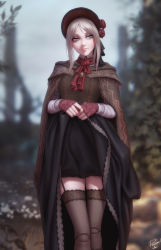 Rule 34 | 1girl, artist name, black garter straps, black skirt, black thighhighs, bloodborne, blurry, blurry background, bonnet, breasts, brown cloak, cloak, clothes lift, day, doll joints, garter straps, grey eyes, highres, joints, lifting own clothes, long skirt, long sleeves, outdoors, personal ami, plain doll, shirt, skirt, skirt lift, small breasts, solo, thighhighs, white hair