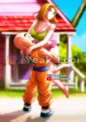 Rule 34 | 1boy, 1girl, android 18, beach, blonde hair, blue eyes, breasts, cleavage, couple, dragon ball, dragonball z, grin, happy, holding another&#039;s leg, house, hug, kame house, kuririn, large breasts, legs, lifting person, looking at another, medium breasts, shorts, smile, tagme