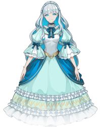 Rule 34 | 1girl, blue dress, blue eyes, blue hair, blue ribbon, canon (takt op.), dress, long hair, looking at viewer, multicolored hair, official art, ribbon, simple background, smile, takt op., takt op. symphony, transparent background, two-tone hair, very long hair, white hair
