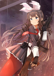 Rule 34 | 1girl, aircraft, assault rifle, battle rifle, black gloves, black hair, black jacket, black skirt, blazer, blue eyes, blush, commentary request, cowboy shot, cowengium, cropped jacket, drill hair, fingerless gloves, frown, girls&#039; frontline, gloves, gun, hair ribbon, helicopter, highres, holding, holding gun, holding weapon, howa type 64, howa type 64 (girls&#039; frontline), jacket, long hair, magazine (weapon), necktie, pantyhose, pleated skirt, pouch, red necktie, red pantyhose, ribbon, rifle, ringlets, shirt, skirt, solo, weapon, white ribbon, white shirt